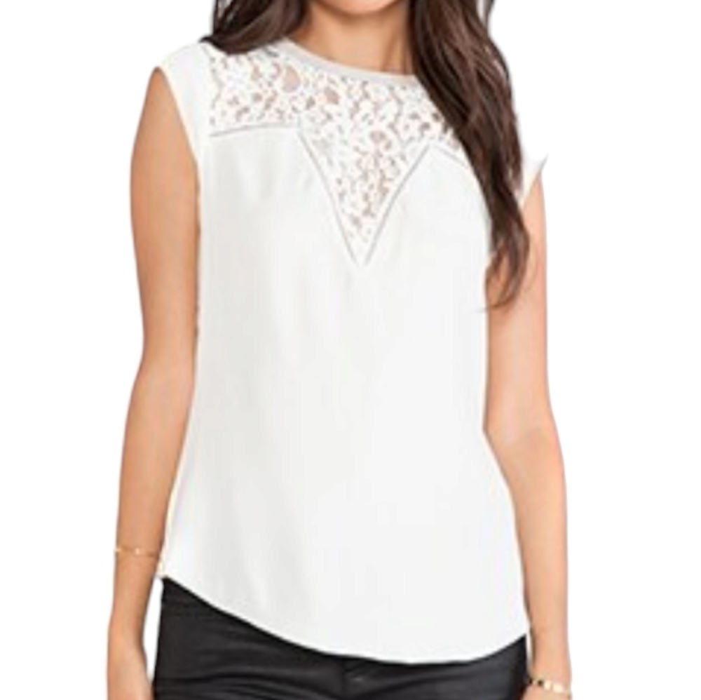 Rebecca Taylor Cream Silk, Lace, & Lamb Leather Mix Top - Size 4